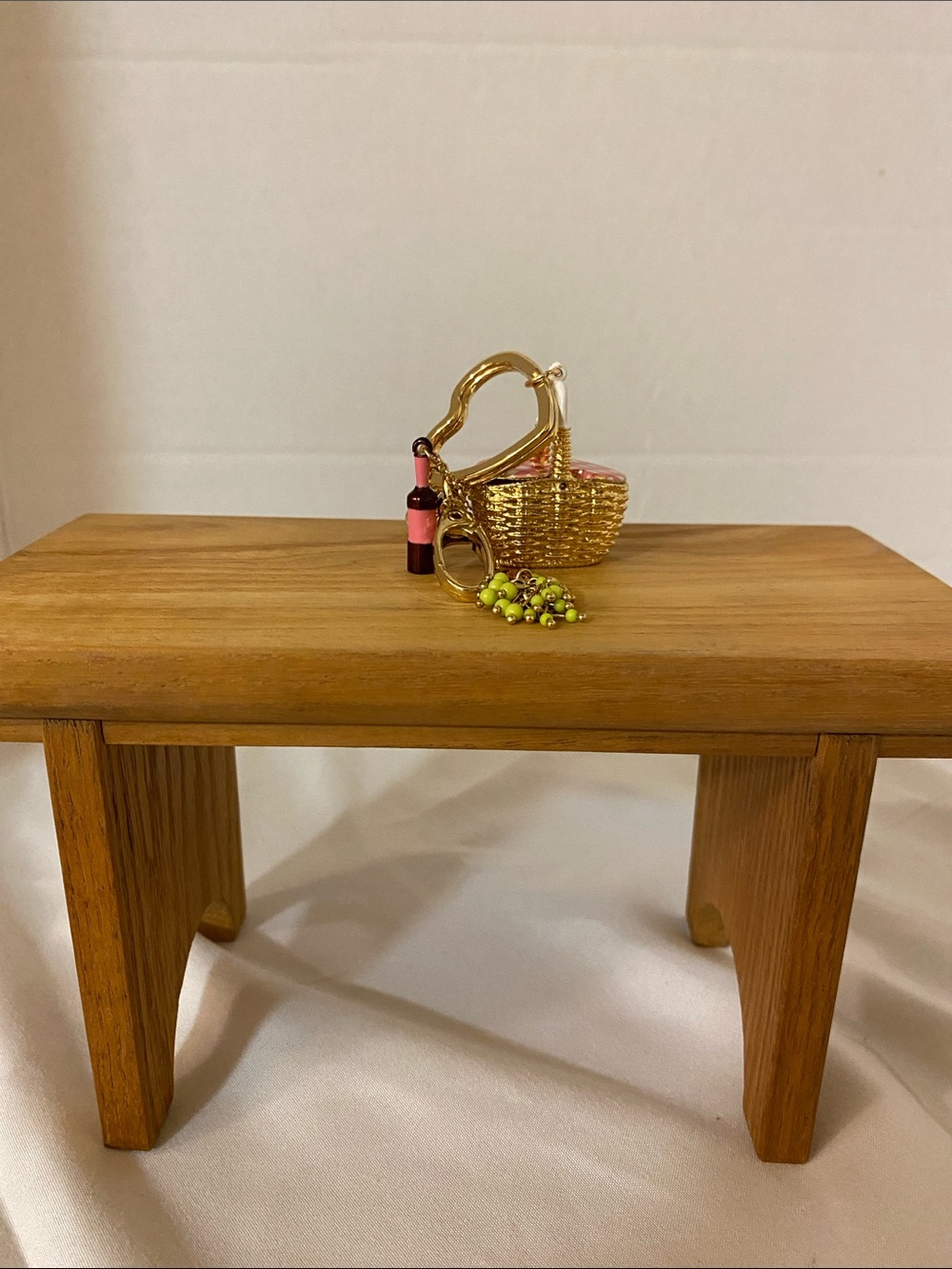 Gold Picnic Basket Keychain Bag Charm with Pink Wine Bottle and Lime Beads - Picture 2 of 9